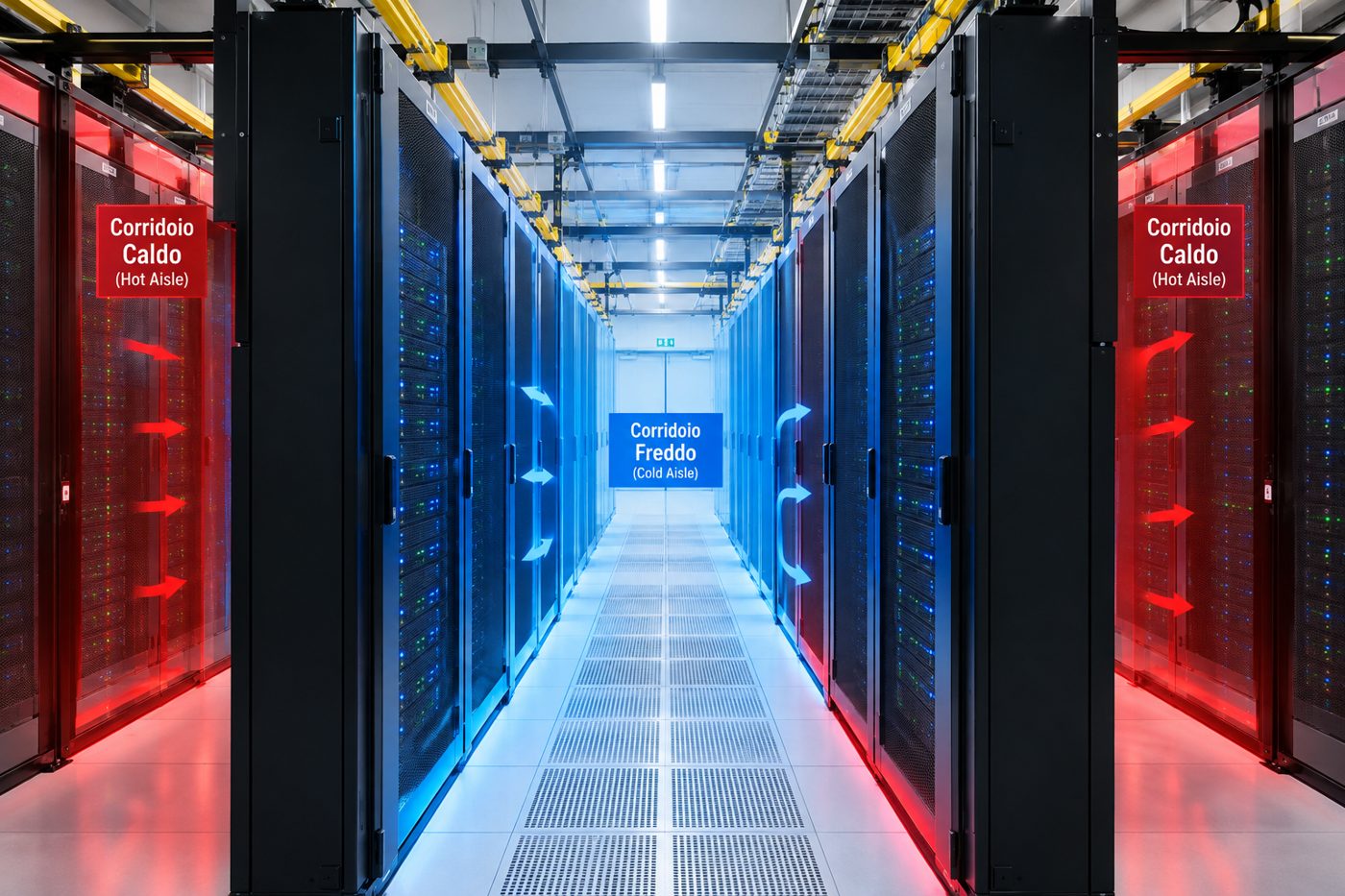 Sala dati con file di rack e corridoi caldo e freddo